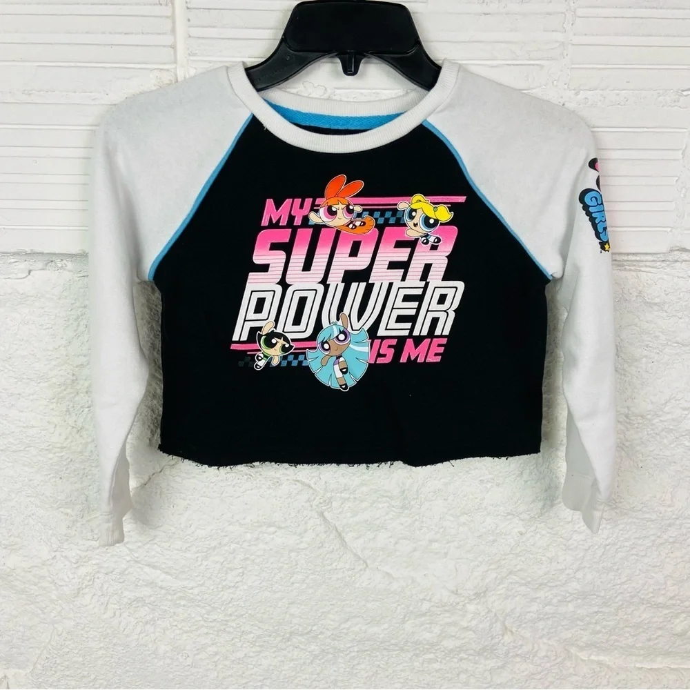 JUSTICE POWERPUFF fleece half cropped MY SUPER POWER IS ME girls shirt SZ XS 5/6
